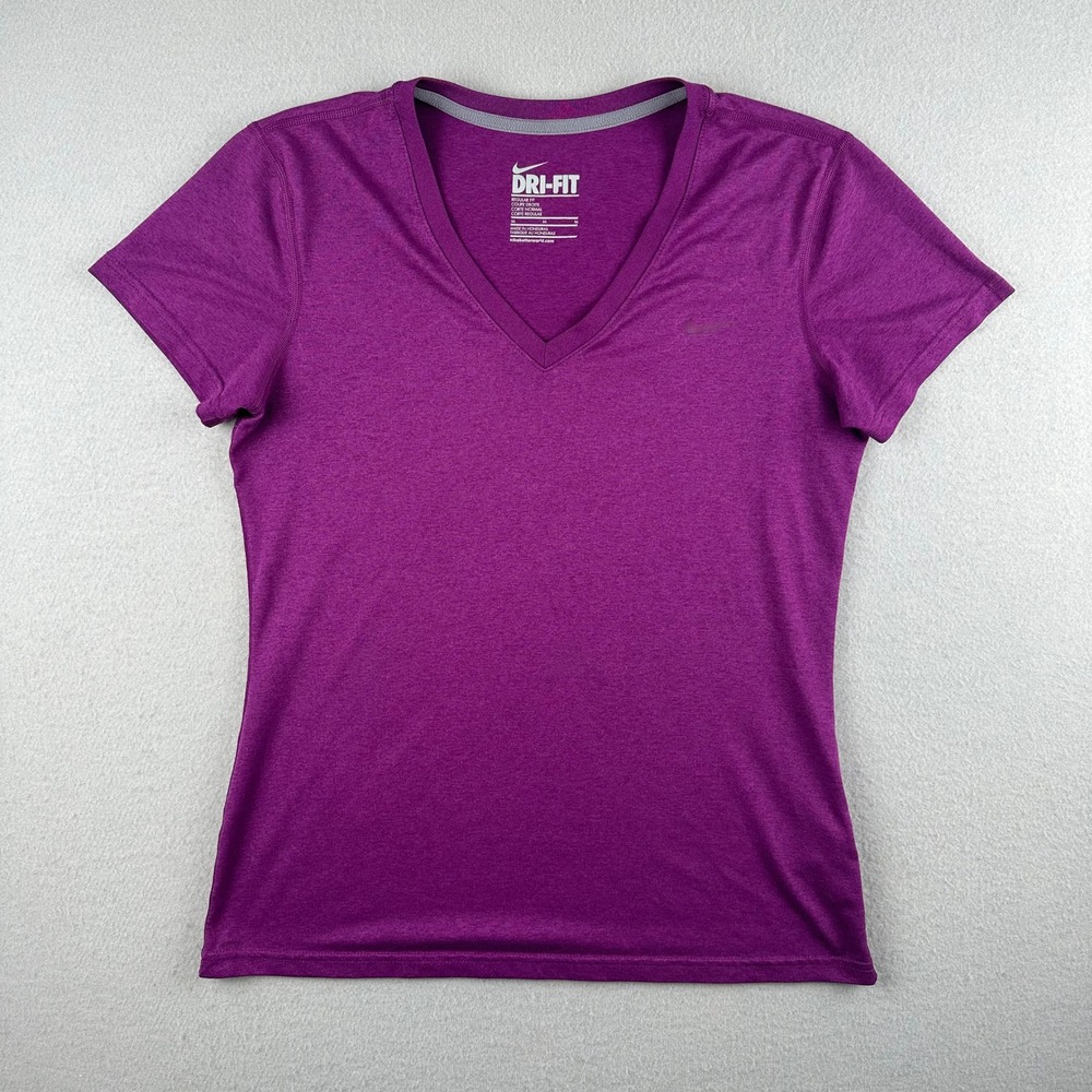 Nike Dri-FIT T-Shirt Women Medium Purple V-Neck Short Sleeve Activewear Tee